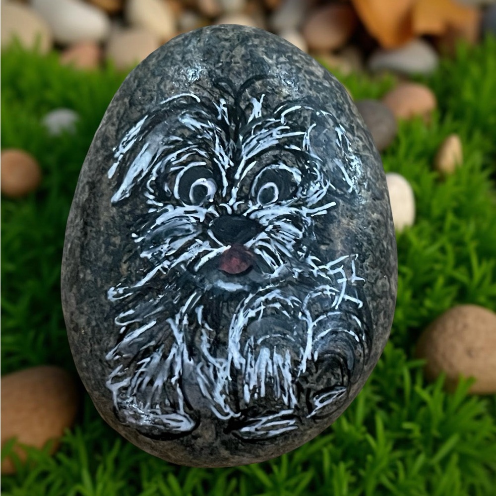 Hand crafted painted dog on natural rock white black happy puppy 2x2 inch approx